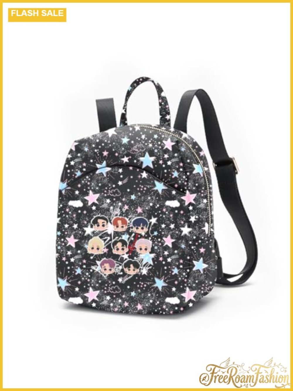 K-Pop Inspired Backpack Glittery Stars and Clouds Print Adjustable Straps